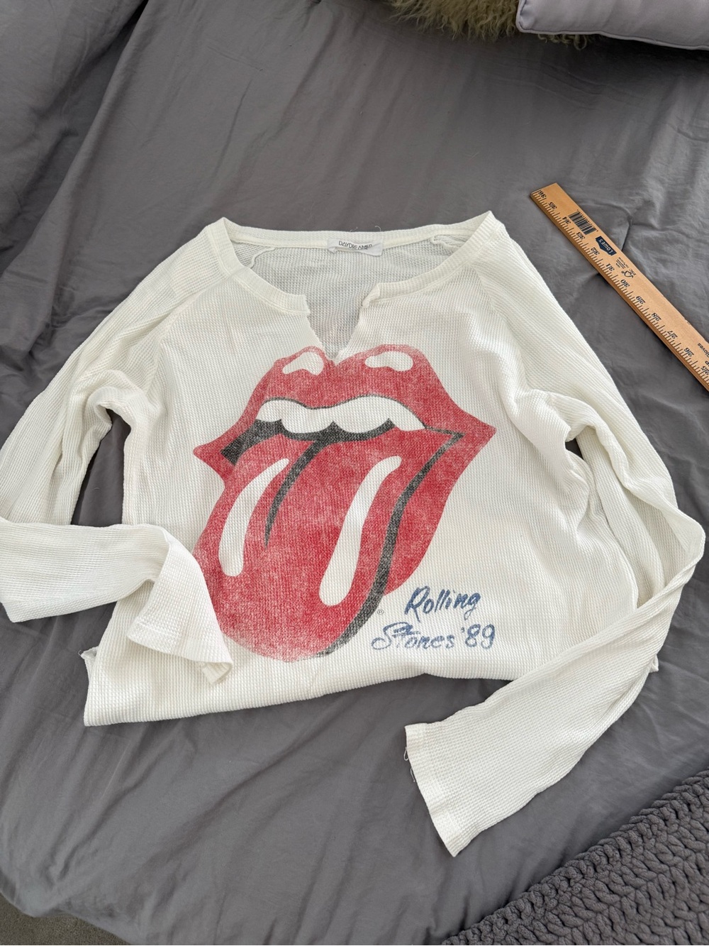 Free People Daydreamer White Long-Sleeve waffle Tee with Red Tongue Graphic